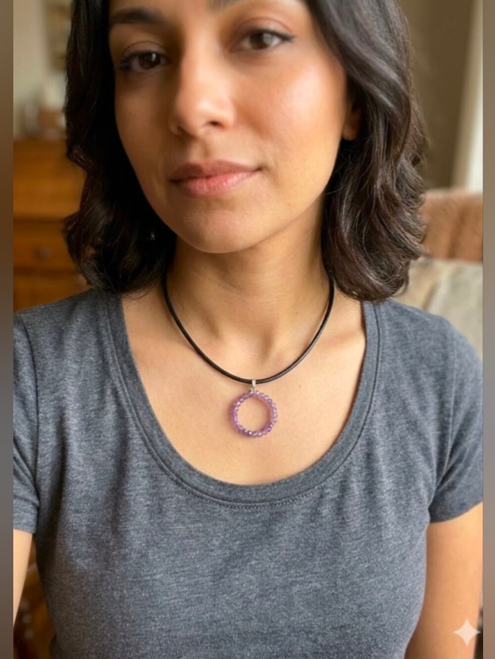 Handmade Dyed Purple Tourmaline Beaded Karma Circle Choker Black Leather Cord